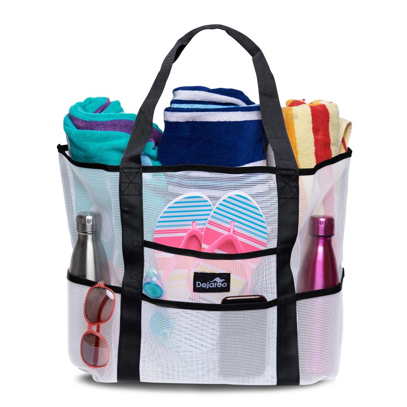 Dejaroo - Sand Free Mesh Bag - Strong Lightweight Tote For Beach & Vacation Essentials. Tons of Storage with 8 Pockets, Foldable, 17x9x15 inches, White with Black Straps - Image 1